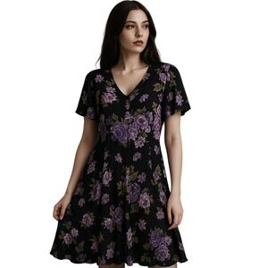 XOTICA 90s Witchycore Moody Floral Dress Black Purple Lace Up Back Grunge Goth S